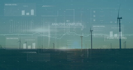 Image of financial data processing over wind turbines