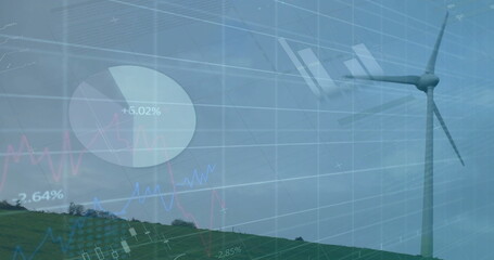 Image of financial data processing over wind turbine