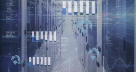 Image of data processing and network of connections over server room