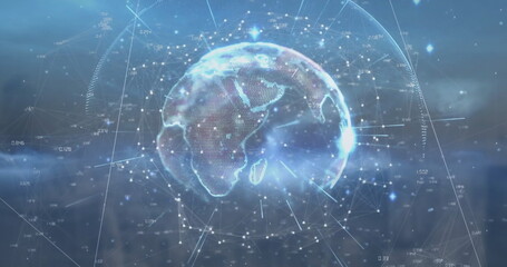 Image of globe and data processing over cityscape