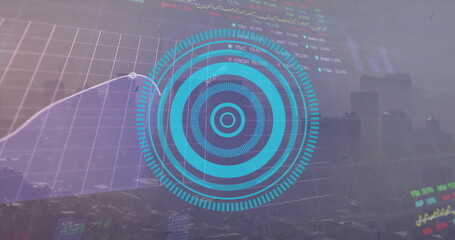 Image of blue circular scanner over financial data processing and cityscape