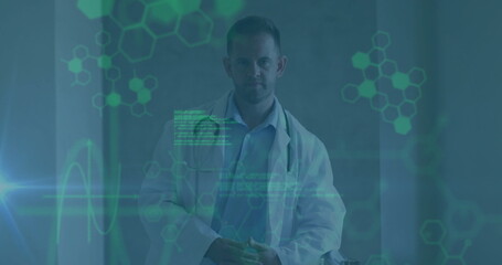 Image of financial data processing over caucasian male doctor in hospital