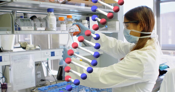 Image of dna strand and data processing over caucasian female scientist in laboratory - Powered by Adobe