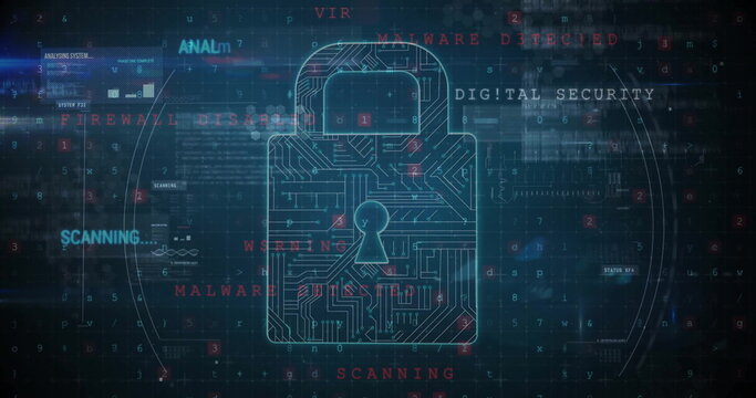 Image of cybercrime, digital security text and padlock network over processing data on black - Powered by Adobe
