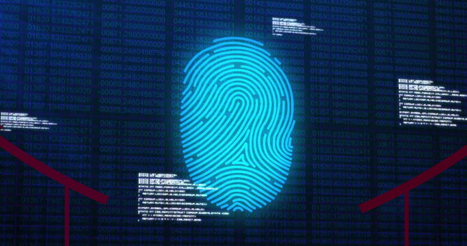 Image of biometric fingerprint scan over processing data on dark interface screen - Powered by Adobe