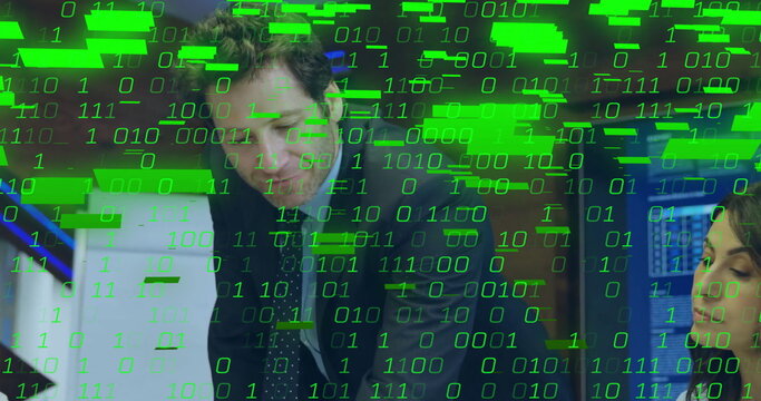 Image of binary coding data processing over diverse business people in office