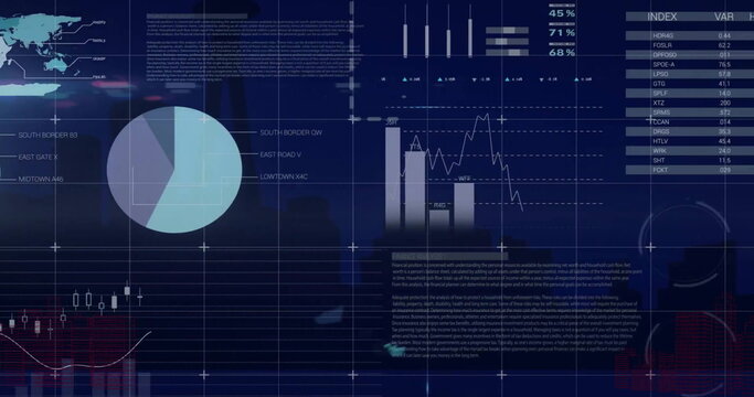 Image of charts and graphs processing data over city buildings at night
