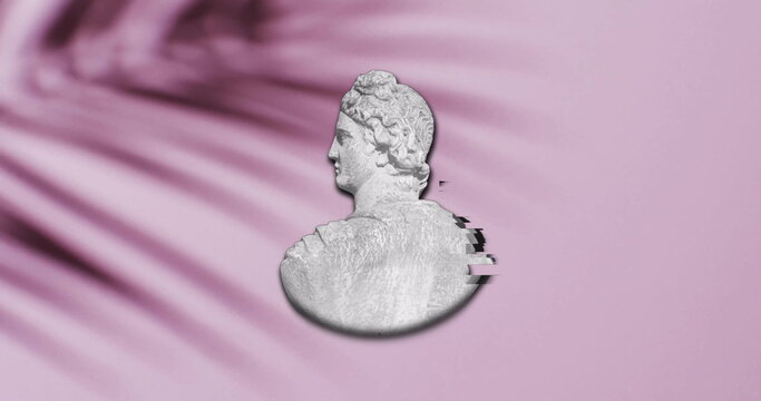 Image of ancient sculpture bust with glitch over shadow of palm leaf on pink background