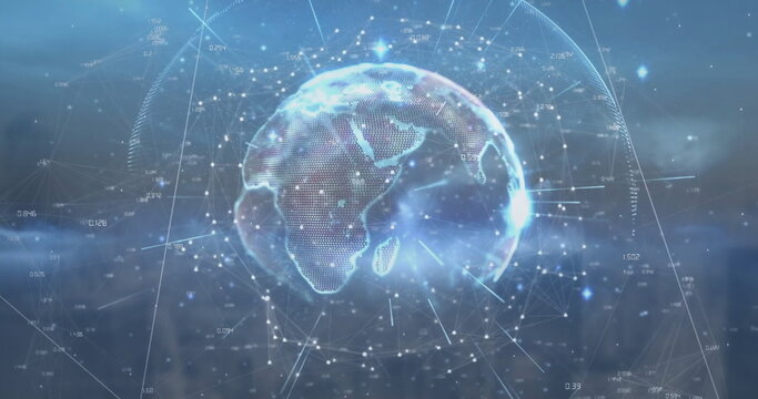 Image of globe and data processing over cityscape