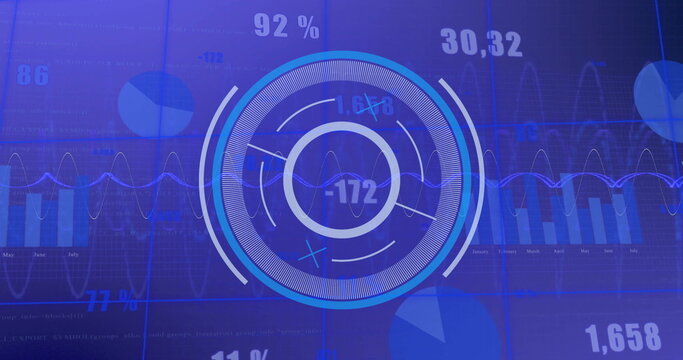 Image of circular scanner over charts and processing data on blue background - Powered by Adobe