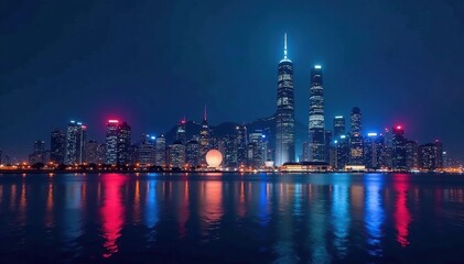 Fototapeta premium Night cityscape, illuminated skyscrapers reflecting in water, America, city lights