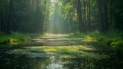 Obraz premium Sunlit Path Through Lush Green Forest with Calm River
