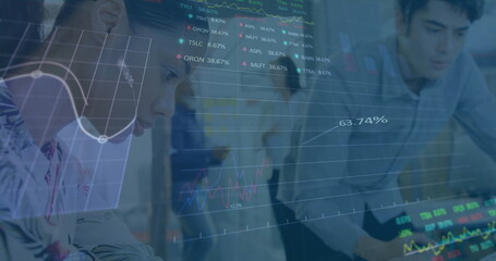 Image of financial data processing over diverse business people in office