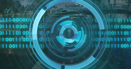 Image of scope scanning with data processing over cityscape