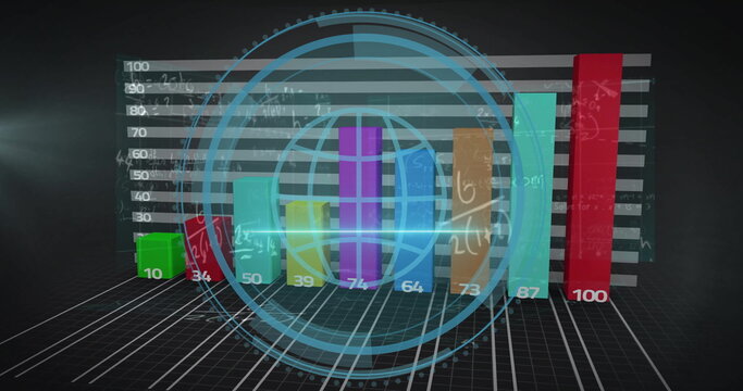 Image of scope scanning with mathematical equations over data processing on black background