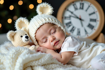 A baby sleeping next to a teddy bear and a clock