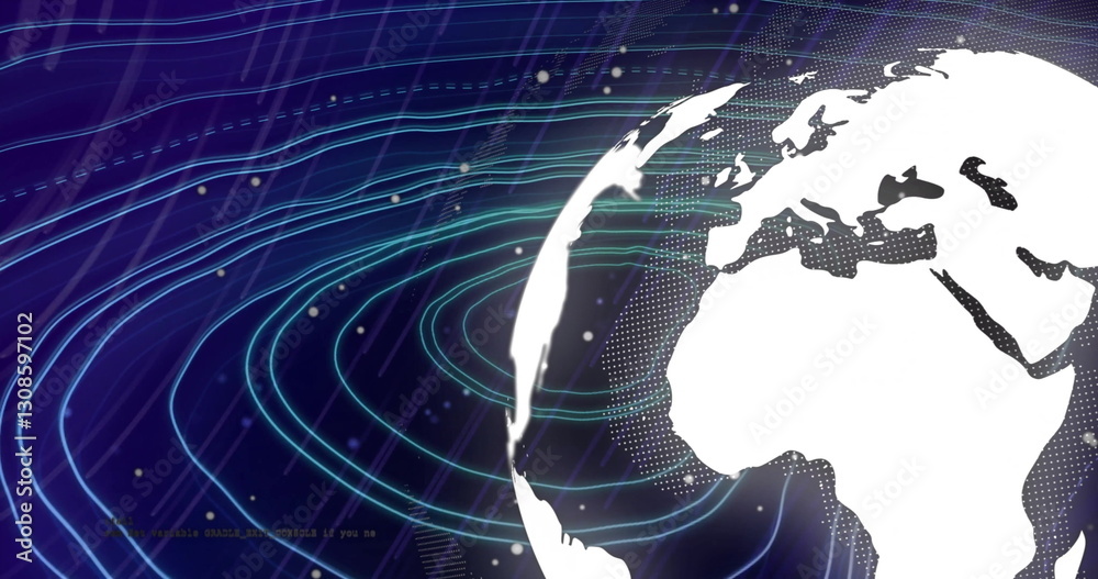 Poster image of globe with data processing over lines and light trails on black background