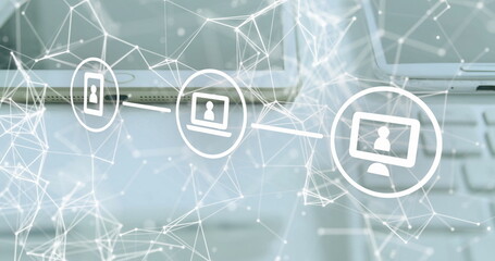 Image of network of connections with icons over tablet