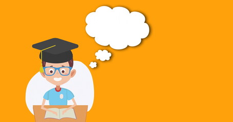 Image of caucasian schoolboy with graduation cap and empty thought bubble on orange