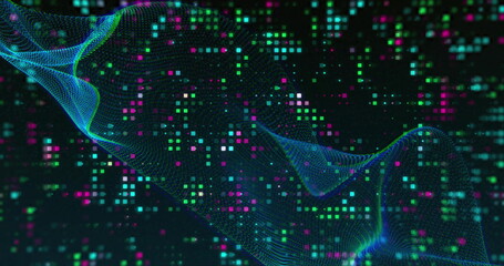 Image of network waves over colourful twinkling light wall on dark background