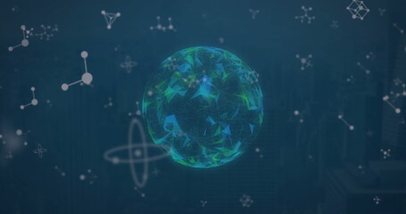 Image of element networks over glowing globe on dark background