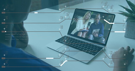 Image of data processing over diverse colleagues having image call on laptop