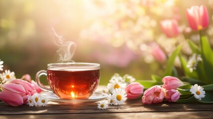 Fototapeta premium Steaming cup of tea on a wooden table, surrounded by pink tulips and white daisies. Cozy and refreshing morning moment.