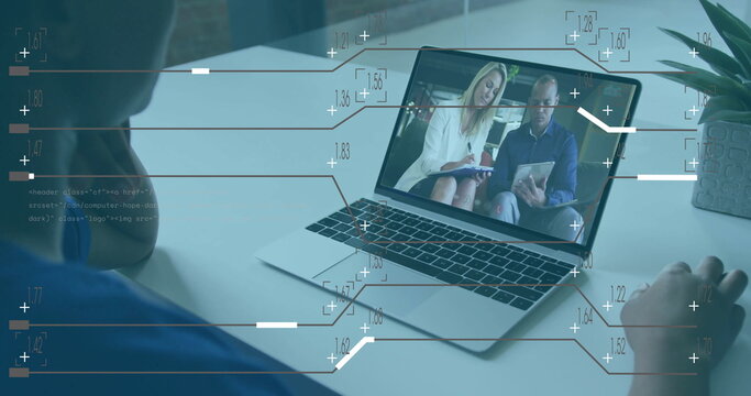 Image of data processing over diverse colleagues having image call on laptop