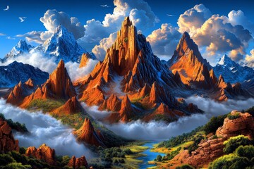 Two colossal mountain ranges collide, pushing massive rock formations into the sky. Generative AI