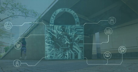 Image of network of connections with padlock and icons over biracial woman running