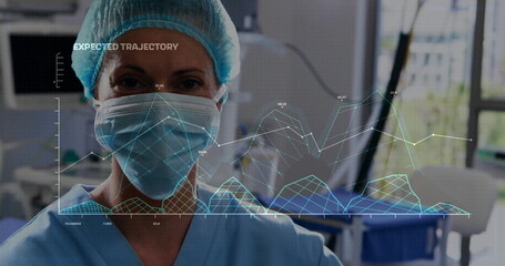 Image of data processing and diagrams over biracial female surgeon in operating room