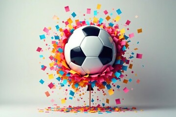 Football-shaped balloon bursting into a cloud of colorful paper, confetti, paper, burst