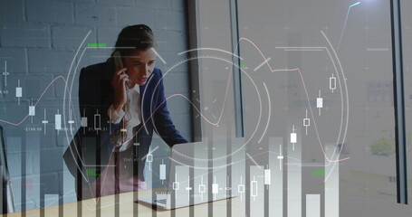 Image of scope scanning and diagrams over caucasian businesswoman talking on smartphone