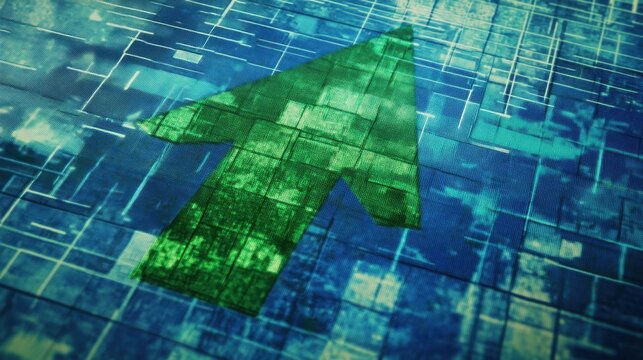 Stock market growth with a bold green arrow pointing up on a digital financial chart, blue grid overlay - Powered by Adobe