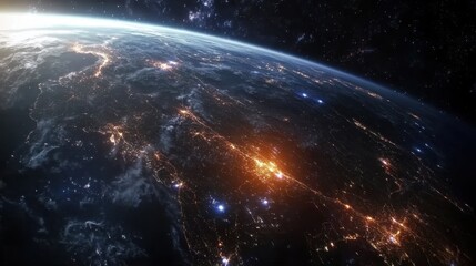 Obraz premium Stunning space view of Earth, illuminated continents and bright data streams linking global cities