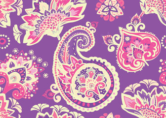 Seamless paisley pattern in Oriental style with floral and ethnic motifs for printed fabric, wallpaper, and packaging