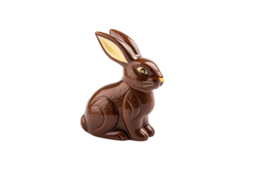A glossy chocolate rabbit with smooth curves, defined facial features, and contrasting white and yellow details on its ears, isolated on a transparent background