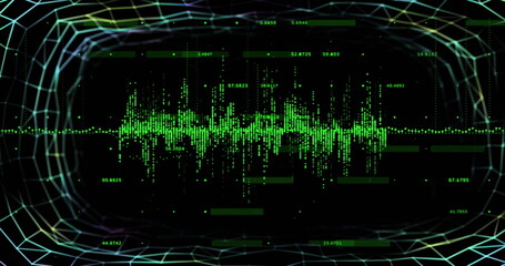 Image of data processing and diagrams over black background