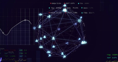 Image of data processing and diagrams over media icons