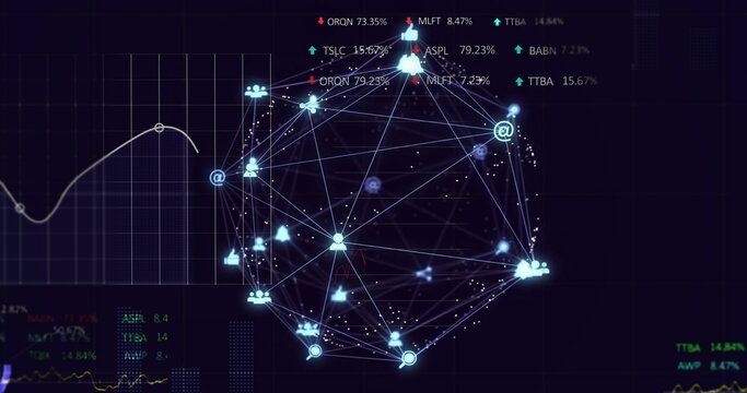 Image of data processing and diagrams over media icons - Powered by Adobe