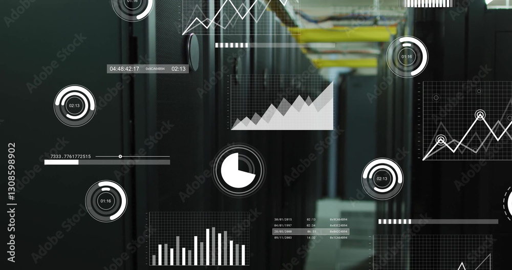Poster image of data processing and diagrams over server room