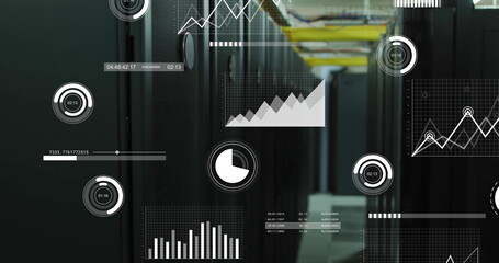 Image of data processing and diagrams over server room