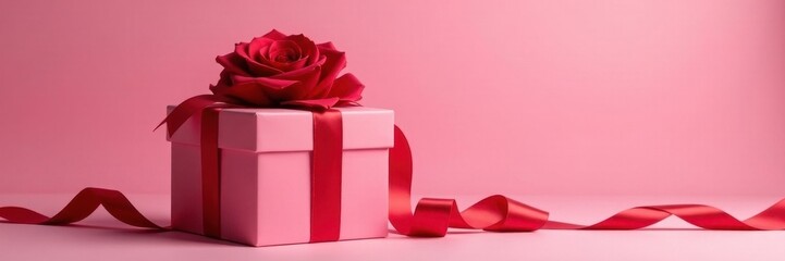 Red rose ribbons, elegant gift box, pink backdrop, spring, mother's day, occasion