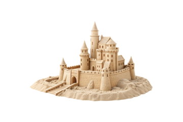 A grand sandcastle with intricate towers, arched doorways, and fortified walls, resting on a mound of sand, exuding medieval charm and architectural precision, isolated on a transparent background