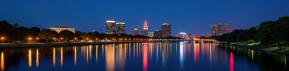 Obraz premium Night skyline, Charles River reflections, Memorial Drive, long exposure, night photography, vibrant