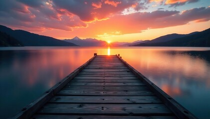 Naklejka premium Old weathered dock at lakeside, breathtaking sunset hues , old, serene