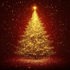 Golden Christmas tree with falling sparkles on red background.