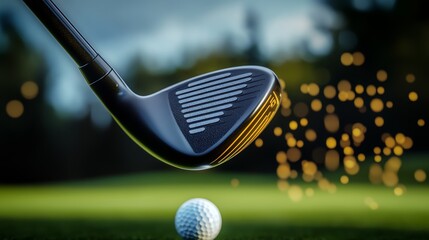 Golf club is shown with a ball on the ground in front of it. The ball is white and the club is black. Scene is one of focus and concentration, as the golfer is preparing to take a swing