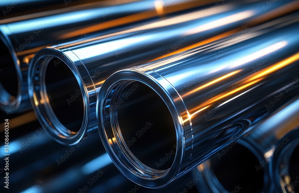 Poster high-resolution macro shot of glimmering metallic tubes with reflective surface in a dynamic arrange