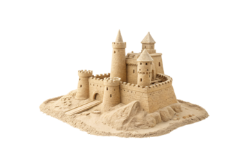 A rustic sandcastle with tall cylindrical towers, a wooden drawbridge, and a textured surface, resembling an ancient fortress perched on a sandy hill, isolated on a transparent background